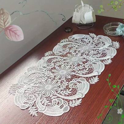 Elegant White Velvet Lace Oval Tablecloth - Floral Pattern Polyester Tablecloth, Suitable For Dining, Coffee And Home Decor, Perfect For Holiday Table Setting, Dining Table Accessories - Butterfly Pattern - Decorative Texture, Dining Table Decor