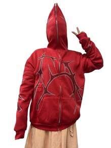 Women Loose Fit Sweatshirt Casual Print Zip Up Hoodies Long Sleeve Jacket With Pockets Autumn Streetwear - Red - View 9