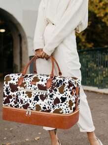 3PCS/1PC Weekender Bag For Women/Men, Travel Duffel Bag Carry On Overnight Bag With Shoe Compartment Nylon Travel Weekend Tote Bag,Cow Pattern - Brown - View 8