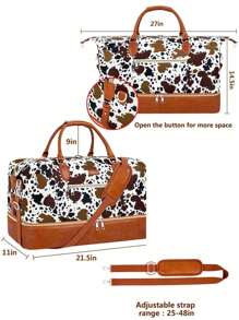 3PCS/1PC Weekender Bag For Women/Men, Travel Duffel Bag Carry On Overnight Bag With Shoe Compartment Nylon Travel Weekend Tote Bag,Cow Pattern - Brown - View 2