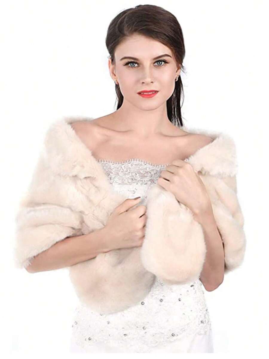 Women's Wedding Faux Fur Wraps And Shawls Bridal Fur Stoles Scarf With Rhinestones Brooch For Bride And Bridesmaids - Ivory - View 1