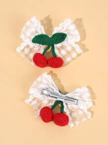 2pcs Cute Cherry Hair Bows For Kids White Lace Bow Alligator Clips Crochet Cherry Girls Hiar Clips Adorable Girls Pigtail Bows Barrettes Kids Hair Accessories