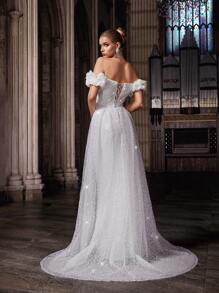 QOQ 女神气质新娘礼服女浪漫正式礼服，适合婚礼、正式活动、婚礼派对、晚宴、婚礼照片白色单肩网眼超长连衣裙 - 白色 - 查看 2