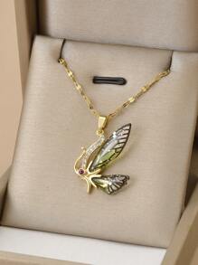 1 件水钻蝴蝶翅膀不锈钢奢华女士项链 - 金黃色 - 查看 7