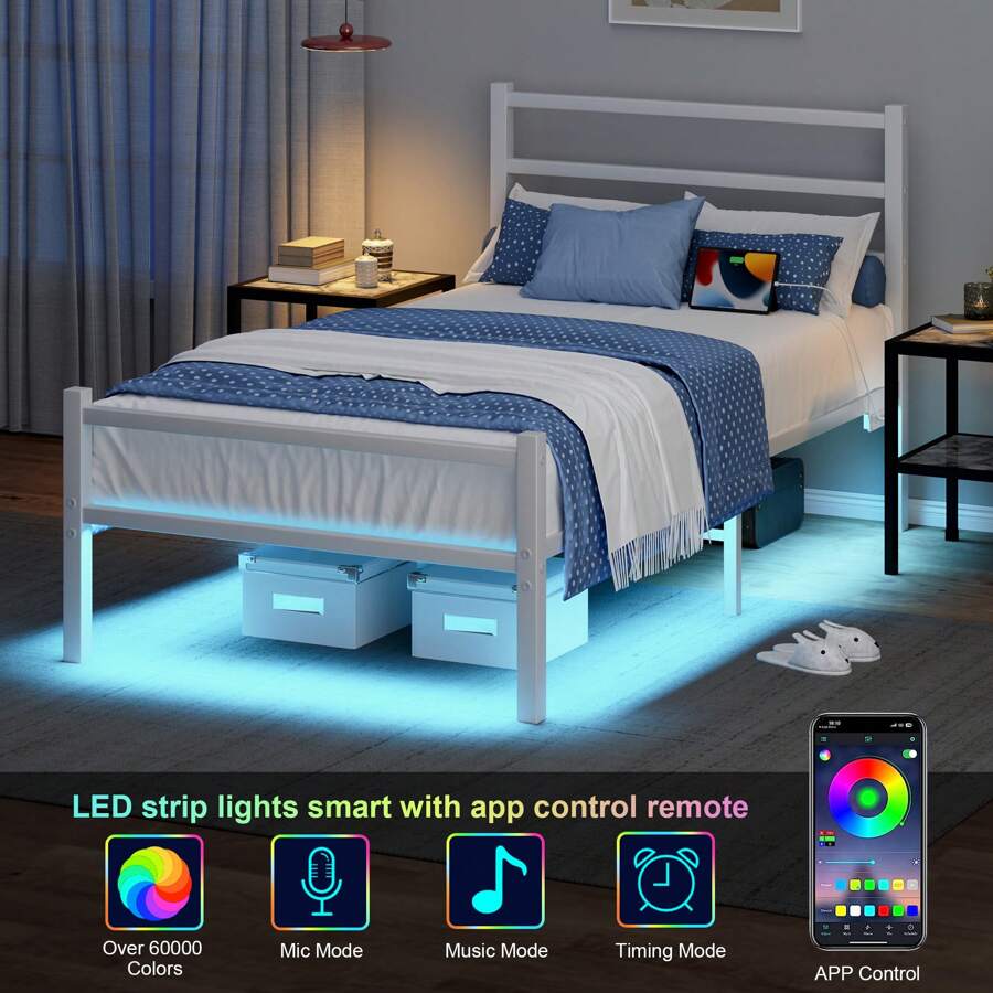 Twin Bed Frame With Headboard And Footboard, LED Bed Frame With Charging Station, Metal Bed For Boys/ Girls, Easy Assembly, Black/ White ( USB LED Strip) * Twin Bed Frame Beds Bed Frame Twin Bed Frame Queen Bed Frame Bed Queen Bed Frame King Bed Frame Bedroom Furniture Bed Frame Full Full Size Bed Frame Twin Bed Frame Beds Cozy Bedroom Home Bedroom Refresh Room Decor Home Decor Christmas Decor Bedroom Decor Valentine Day Decor Storage Living Room Decor Furniture House Decor - 查看 1