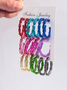 1 Set Of 9 Pairs Fashion Metal-Color Acrylic Asymmetrical C-Shape Hoop Earrings Set, Suitable For Daily Wearing For Women