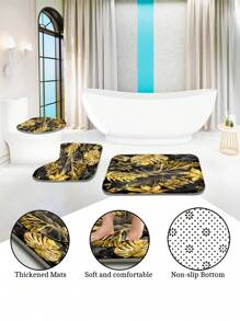 1pc/4pcs Tropical Green With Gold Edges Plant Banana Leaf Bathroom Set, Waterproof Shower Curtain With 12 Hooks, Bath Mat, Toilet U-Shaped Pad, Toilet Lid Cover, Bathroom Divider, Bathroom Accessories, Bathroom Decor