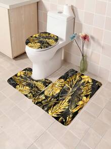 1pc/4pcs Tropical Green With Gold Edges Plant Banana Leaf Bathroom Set, Waterproof Shower Curtain With 12 Hooks, Bath Mat, Toilet U-Shaped Pad, Toilet Lid Cover, Bathroom Divider, Bathroom Accessories, Bathroom Decor