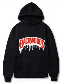 1pc Men'S Casual Cotton Hoodie With Geometric Backwoods Print - Knit Fabric, Medium Stretch, Hooded Collar, Weekend Casual Top For Fall/Winter, Multi-Use Gift For Halloween & Christmas - 黑色 - 查看 1