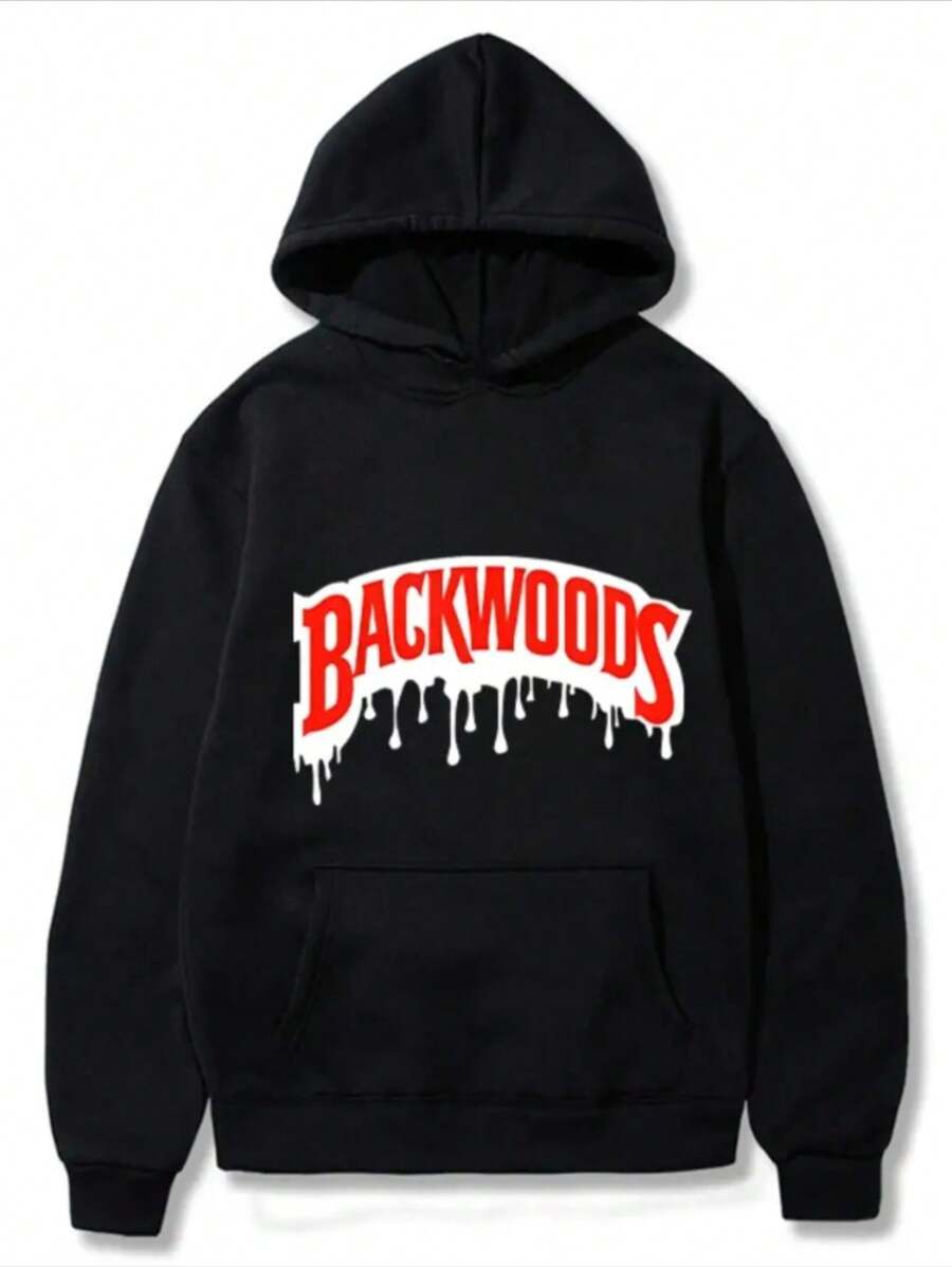 1pc Men'S Casual Cotton Hoodie With Geometric Backwoods Print - Knit Fabric, Medium Stretch, Hooded Collar, Weekend Casual Top For Fall/Winter, Multi-Use Gift For Halloween & Christmas - 黑色 - 查看 1