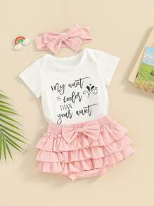 Newborn Baby Girl Auntie Outfits Letter Short Sleeve Romper T-Shirt Tops Tutu Skirt Shorts Set Summer Clothes - White - View 3