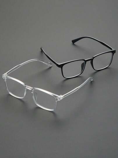 Two Pairs Of Men's Geometric Full-Rimmed Plastic Studded Windproof Non-Prescription Lenses, Classic Portable Modern Minimalist Style Casual Basic Transparent Glasses Set, Suitable For Daily Life, Cosplay, Reading, Suitable For All Face Shapes, Accessories Included.