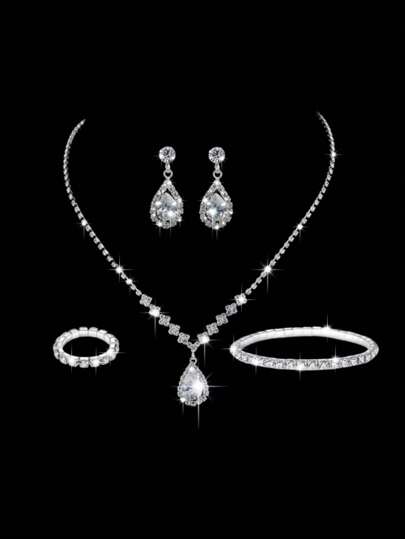 5pcs Sparkling Rhinestone Jewelry Set, Includes Earrings, Ring, Bracelet, Necklace, Sweet & Chic Design, Ideal For Bridal Wedding Dress Accessories