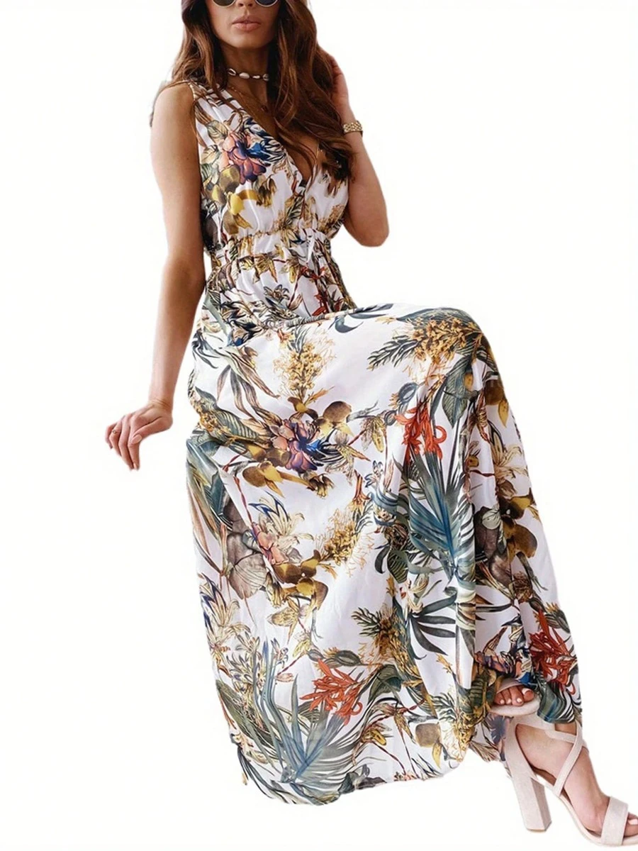 Women Summer Sleeveless Dress, Adults Sexy Backless Leaf Print V-Neck One-Piece Green, Blue, Black, White