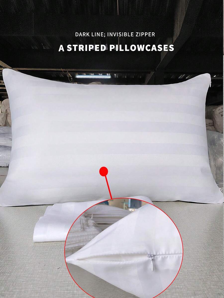 duoxia 1pc Pure White 3cm Stripe Hidden Zipper Cushion Cover, Soft & Skin-Friendly For Home, Hotel Use, Polyester Fiber Sofa Throw Pillow Cover, Decorative, Without Insert - White - View 1