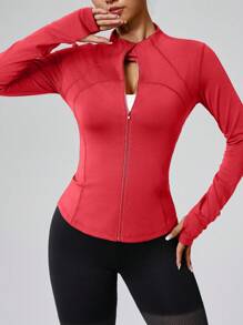 Chaqueta deportiva de manga larga con cremallera, de unicolor, con ojales para el pulgar, ajuste ceñido para fitness, yoga, correr
