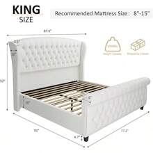Velvet Upholstered Platform Sleigh Bed With Scroll Wingback Headboard & Footboard, Button Tufted Design, No Box Spring Required - Cream - View 3