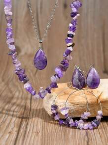Boho-Chic 6pcs Amethyst Jewelry Set - Natural Stone Necklace & Earrings, Perfect For Casual Attire & Gifting - Multicolor - View 14