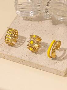 3pcs Minimalistic Stainless Steel Yellow Oil Drop Ring Set, Suitable For Women To Wear Daily Or As Gifts - Yellow Gold - View 2