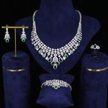 Ensemble de bijoux de mariage de luxe pour femmes - Collier, boucles d'oreilles, bague, bracelet, orné de bijoux colorés (rubis, saphir, émeraude), ensemble de bijoux de mariée, zirconium cubique en cuivre, élégant, romantique, royal, style princesse