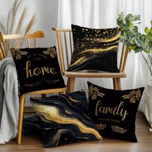 4pcs Set Simple Black & Gold Marble Texture Home Cushion Cover, Single-Sided Printed Peach Velvet Material, 45*45CM/18*18inch Throw Pillow Case Suitable For Modern Minimalist Sofa, Living Room Decor, Gift, Party Decoration