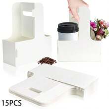15 Pcs Kraft Paper Cup Holder, 2 Cup Disposable Drink Bag With Handle, Heat Or Cold Beverage Cup Carrier, Coffee Holder, Food Delivery, Takeout Cup Holder, Suitable For Cafe