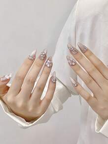 YADORNOS 10片粉色猫眼3D花朵露珠碎钻手工亚克力按压式美甲贴片，春夏手绘花朵柔美短棺材形和长杏仁形全覆盖假指甲，含果冻胶和指甲锉，返校季居家DIY美甲用品手工按压式美甲贴片 - 粉色 - 查看 14