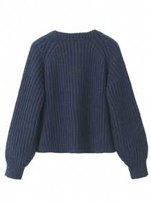 Women's Casual Long Sleeve Loose Knit Sweater Button Closure Cuffs Tightening - Màu xanh hải quân - Xem 2