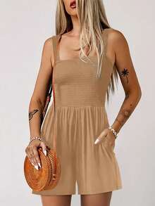 Acelitt Summer Women's Solid Color Square Neck Chest Cable Splicing Simple Casual Suspender Jumpsuit Shorts