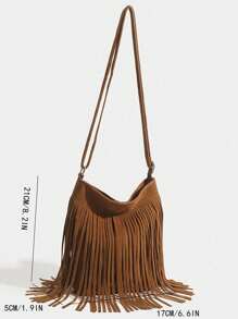 适合14岁及以上女孩的复古流苏单肩包/斜挎包：轻便、大容量、可调节肩带、时尚户外包 - 棕色 - 查看 2
