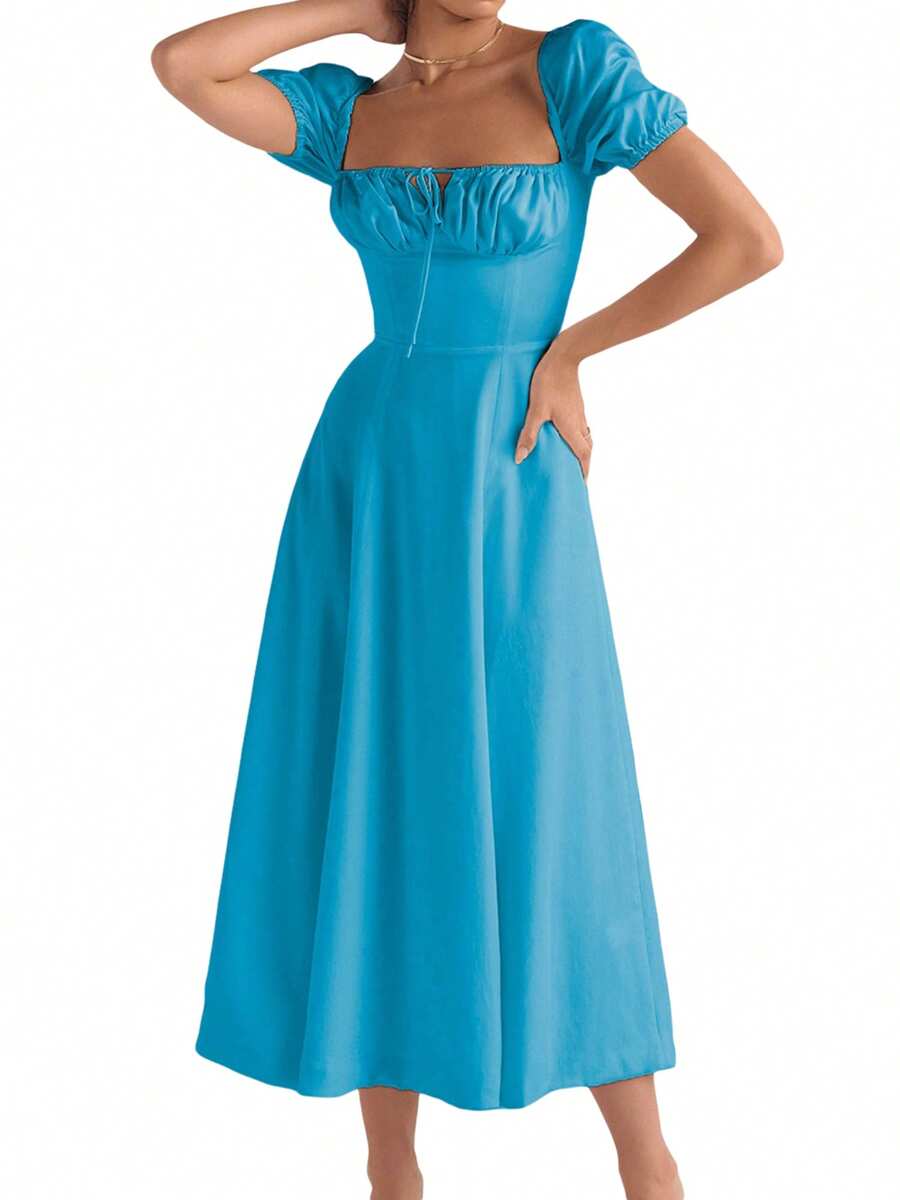Women's Summer Long Dress Solid Color Short Sleeve Square Neck Ruched Tie Up Party Dress - Lake Blue - View 1