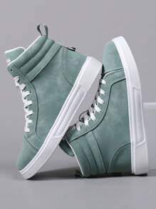 Men's Fashionable High-Top Lace-Up Casual Sport Shoes, With Lettering Print,Lightweight Versatile Stylish Sneakers, Jade Green Classic High-Top Canvas Shoes, Suitable For Outdoor Hiking And Street Wear, All Season, Comfortable - Green - View 3