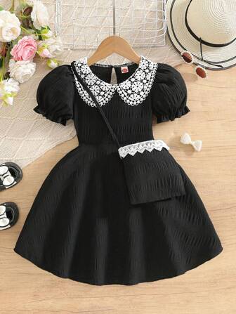 2pcs Young Girl Casual Ruffled Collar Puff Sleeve Dress + Matching Minimalist Tote Bag Set