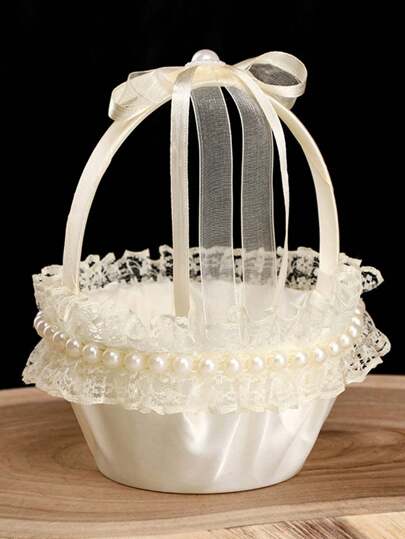 1/2pcs Wedding Flower Girl Basket, Satin Bow Lace Trim Pearl Floral Basket, Suitable For Wedding Flower Girl Petal Toss Basket, Bride & Groom Ring Decor Basket, Bridal Bouquet Holder