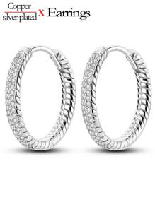 1 对女士优雅镀银/镀白金环形耳环，高品质闪亮锆石镶嵌编织图案珠宝礼物，适合日常、派对、宴会配饰 - 銀色 - 查看 12