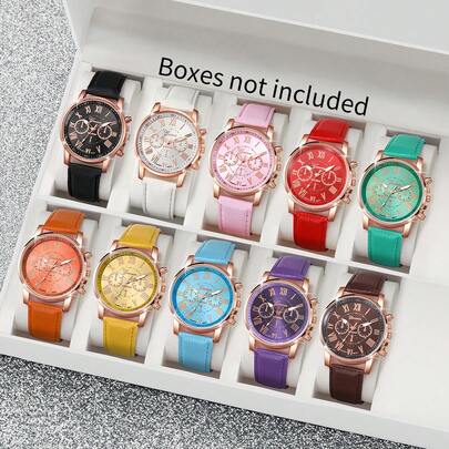 10pcs/Set Women's Candy Color Leather Band Fashion Casual Roman Numeral Dial Quartz Wrist Watch, Excluding Watch Box