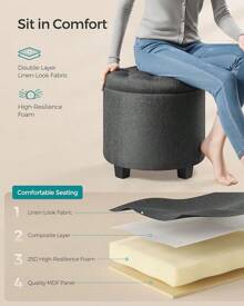 Round Ottoman, Ottoman With Storage, 17.7 Dia. X 17.5 H Inches Foot Rest With Legs, Load Up To 330 Lb, For Living Room, Bedroom, Dark Gray ULOM011G01 - 深灰色 - 查看 6