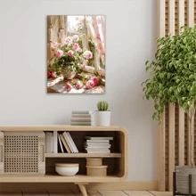 1 pièce Charmante affiche murale de pot de fleurs sur le rebord de fenêtre - Roses roses et blanches vives, motif floral, parfait pour la décoration du salon, sans cadre