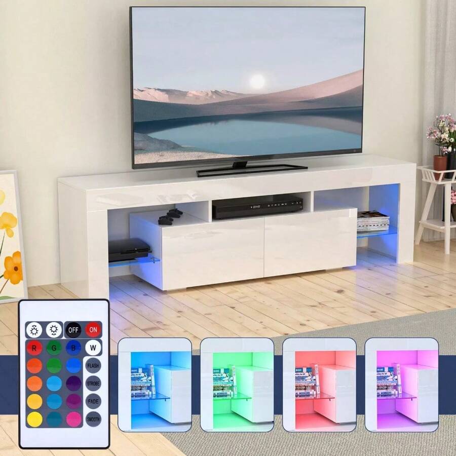 High Gloss LED TV Stand Cabinet For 65-Inch TVs, Stylish Entertainment Center Featuring 2 Spacious Drawers