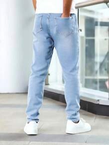 Men's Slim-Fit Versatile Plain-Color Casual Commute Jeans, Elastic Straight-Leg Business Pants, Slant Pockets Soft Cotton Fabric, Wearable All Season - Baby Blue - View 2