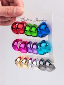 1 Set Of 9 Pairs Fashion Metal-Color Acrylic Asymmetrical C-Shape Hoop Earrings Set, Suitable For Daily Wearing For Women