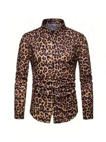 Men's Leopard Print Button-Down Shirt, Casual Fitted Collar Long Sleeve Shirt, Outdoor Leisure Wear, All Season, For Fall