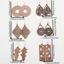 6 Pairs Of Wooden Carved Floral & Geometric Drop Earrings, Elegant For Vacation, Party, & Daily Wear