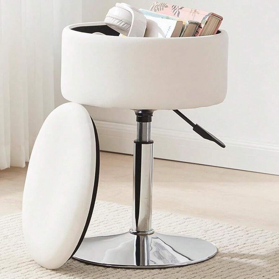 Taburete otomano ajustable de color blanco, silla de tocador, silla para el tocador para el cuarto de maquillaje, silla de tocador con almacenamiento, taburetes de maquillaje con almacenamiento, silla giratoria de maquillaje para el baño de piel sintética - Blanco - Ver 1