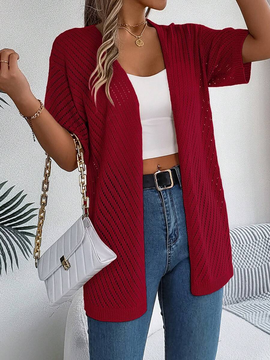 Áo len cardigan tay ngắn khoét rỗng thường ngày, Xuân/Hè - Đỏ - Xem 1