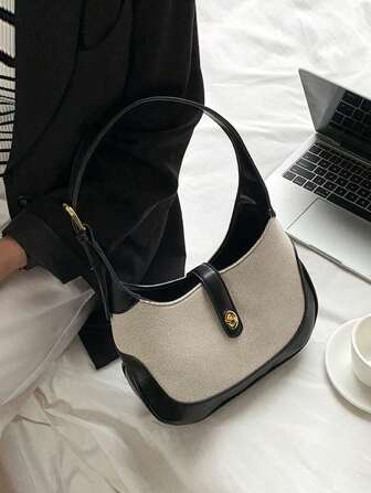 女士拼色手提包，2023春夏新款韩版时尚复古帆布拼布单肩包腋下手提包