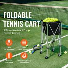 Foldable Tennis Ball Hopper, Holds 150 Or 180 Tennis Balls, Lightweight Aluminum Alloy Tennis Ball Basket Cart With Wheels, Removable Bag, Carry Bag, Portable Sports Teaching Cart For Tennis Player - Holds 150 Tennis Balls - 查看 2