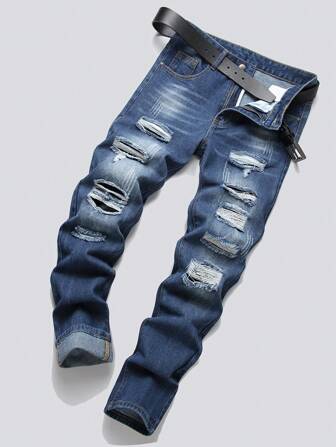 Jeans droits slim fit déchirés pour hommes, style casual simple pour un port quotidien, style emo