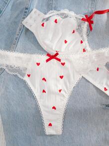 1 Set Women Solid Color Heart Print Red Strap Front Hook Bra And Panty Set, Comfortable Lingerie - White - View 7