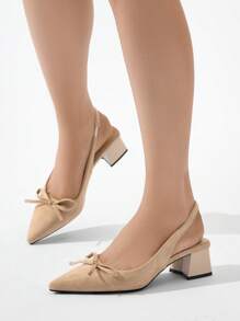 女士优雅蝴蝶结装饰尖头露跟高跟鞋，舒适粗跟鞋，适合正式场合、派对、工作、秋冬，米色绒面革，优雅 - 杏色 - 查看 4